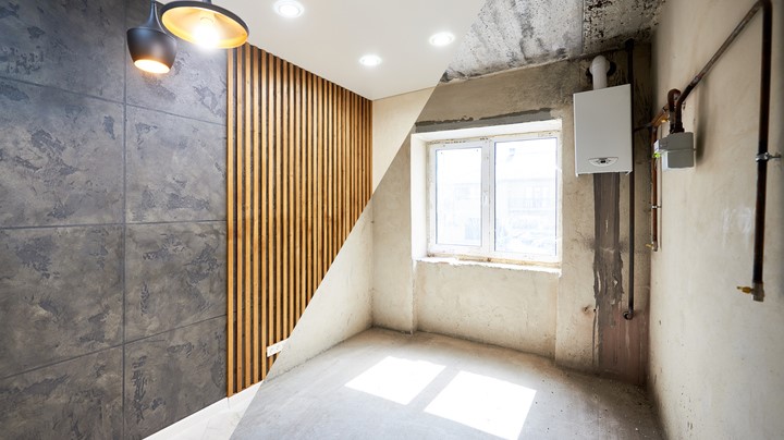 New kitchen before renovation works and after, creative combination of black wallpaper and wood planks on wall, shiny tiles on the floor and different modern chandeliers hanging from ceiling